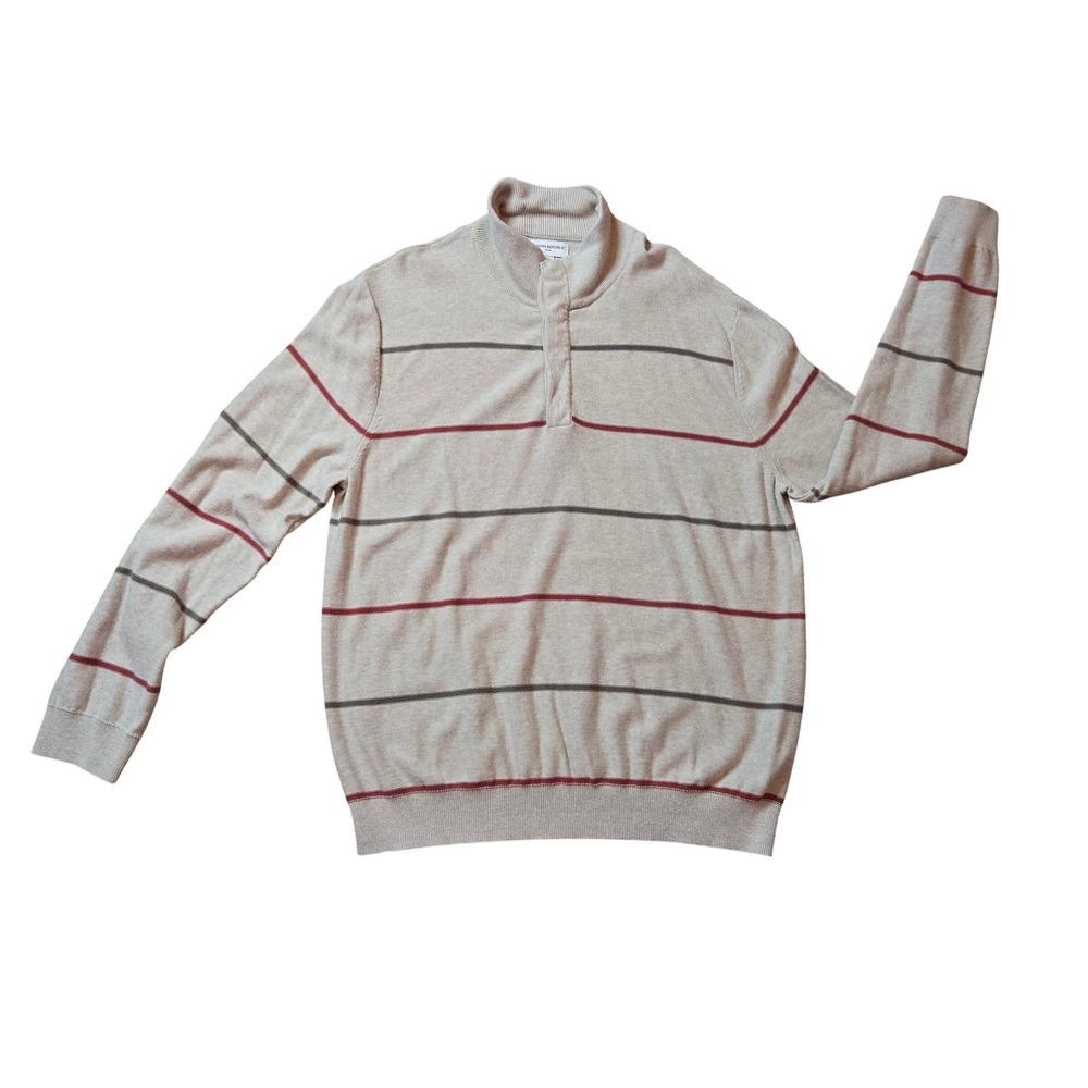 Banana Republic Mens Beige Striped Quarter Zip Pullover Sweater XL Cotton‎